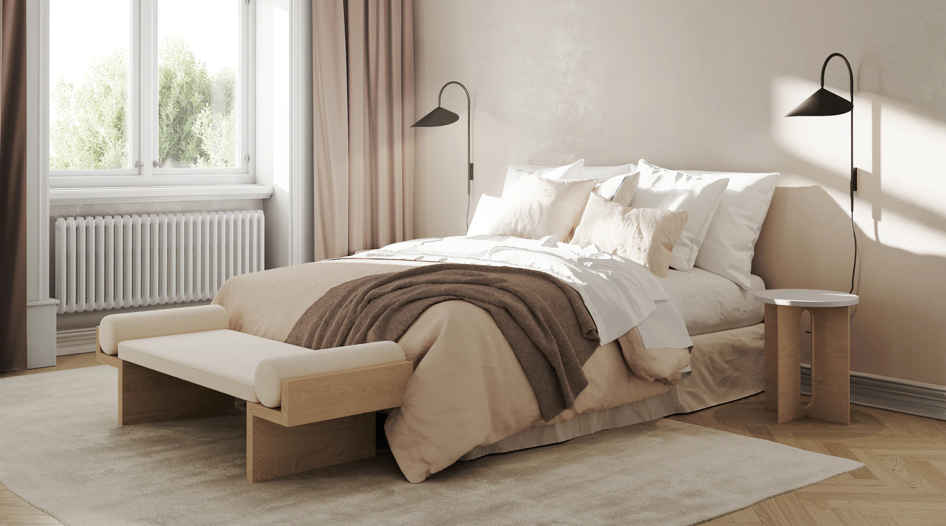 A bench is used to hide an adjustable bed base.