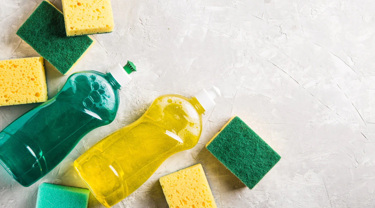 Cleaning supplies for a memory foam mattress topper: dish soap and sponges or rags