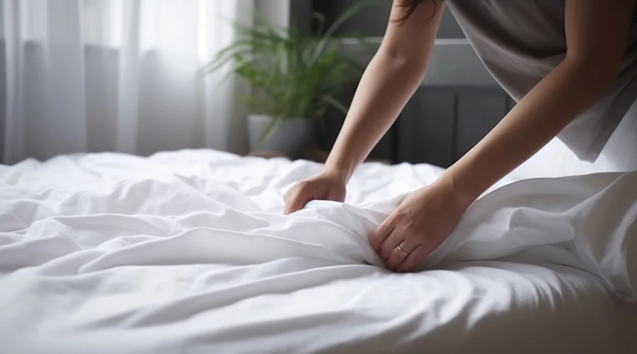 Woman putting sheets on a bed.
