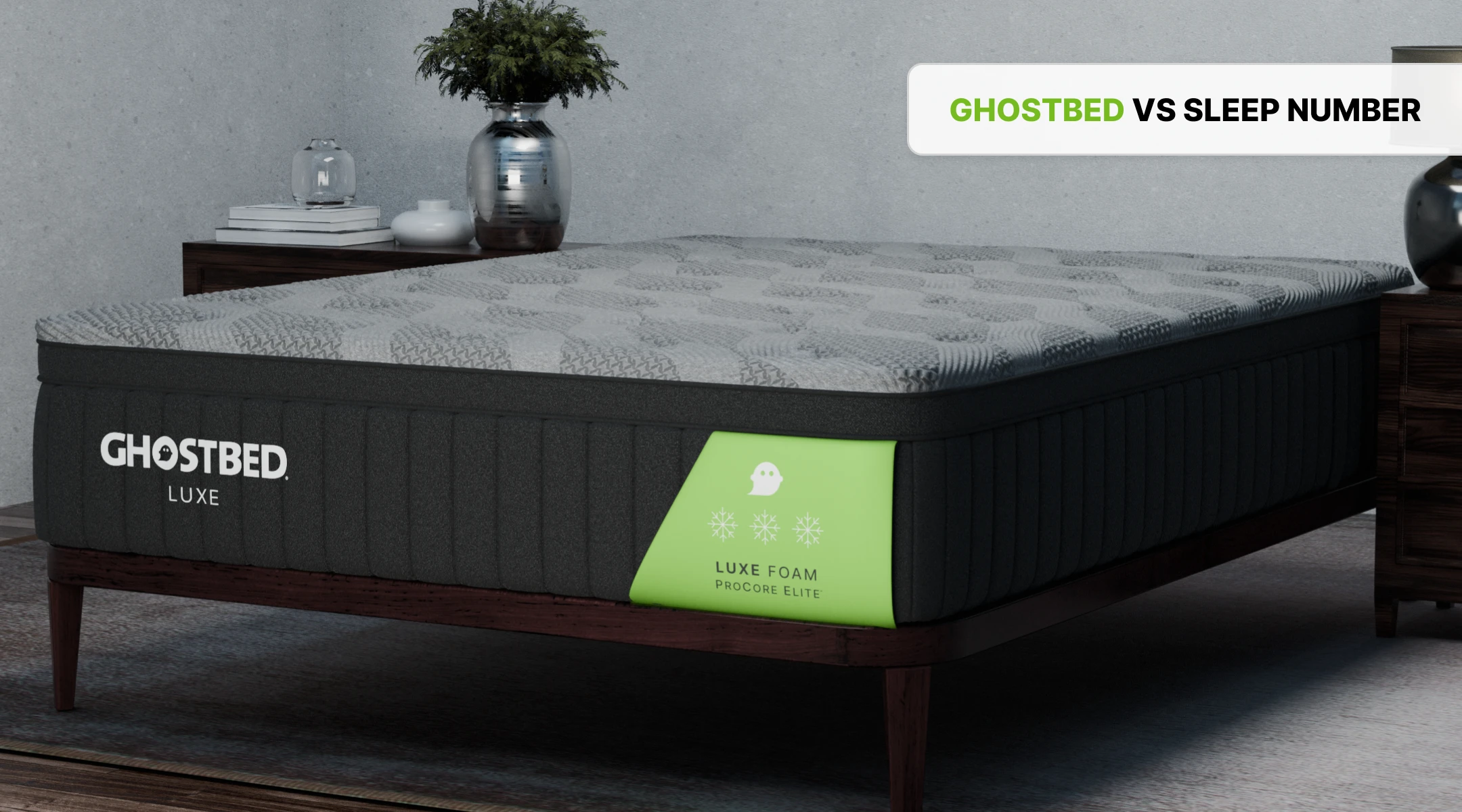 GhostBed Luxe Foam mattress, with text overlay ‘GhostBed vs Sleep Number‘