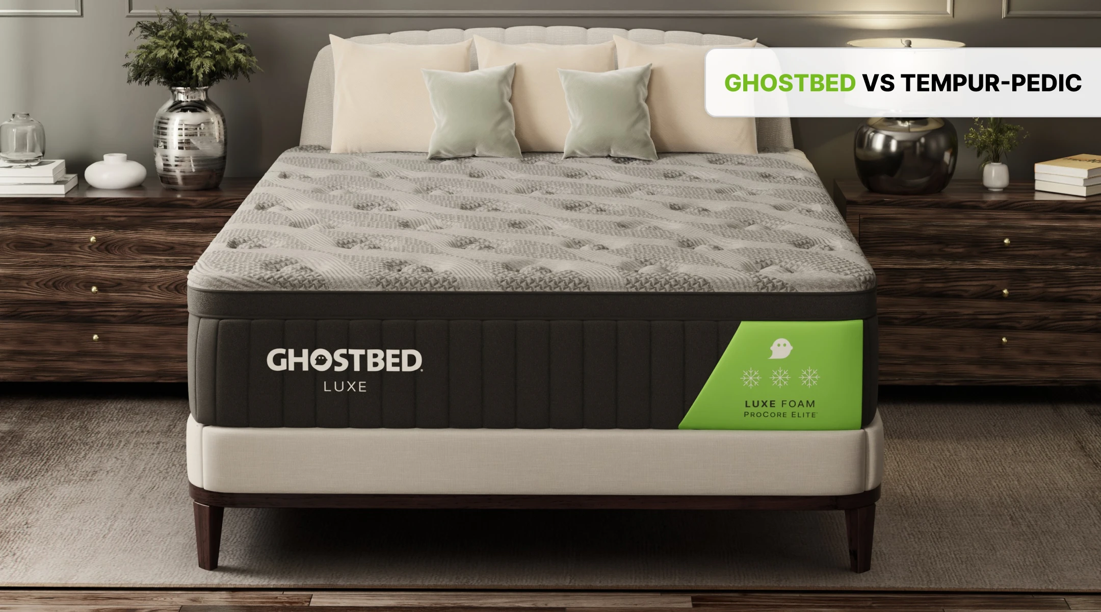 A GhostBed mattress with text overlay ‘GhostBed vs. Tempur-Pedic’.