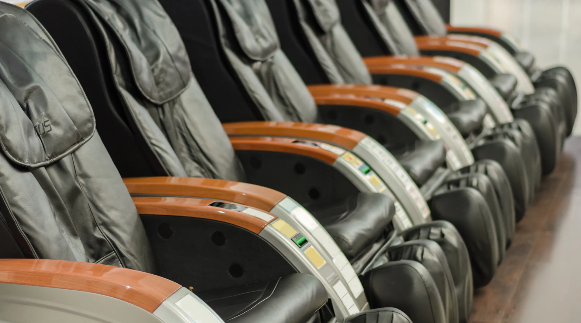 A row of luxury massage chairs.
