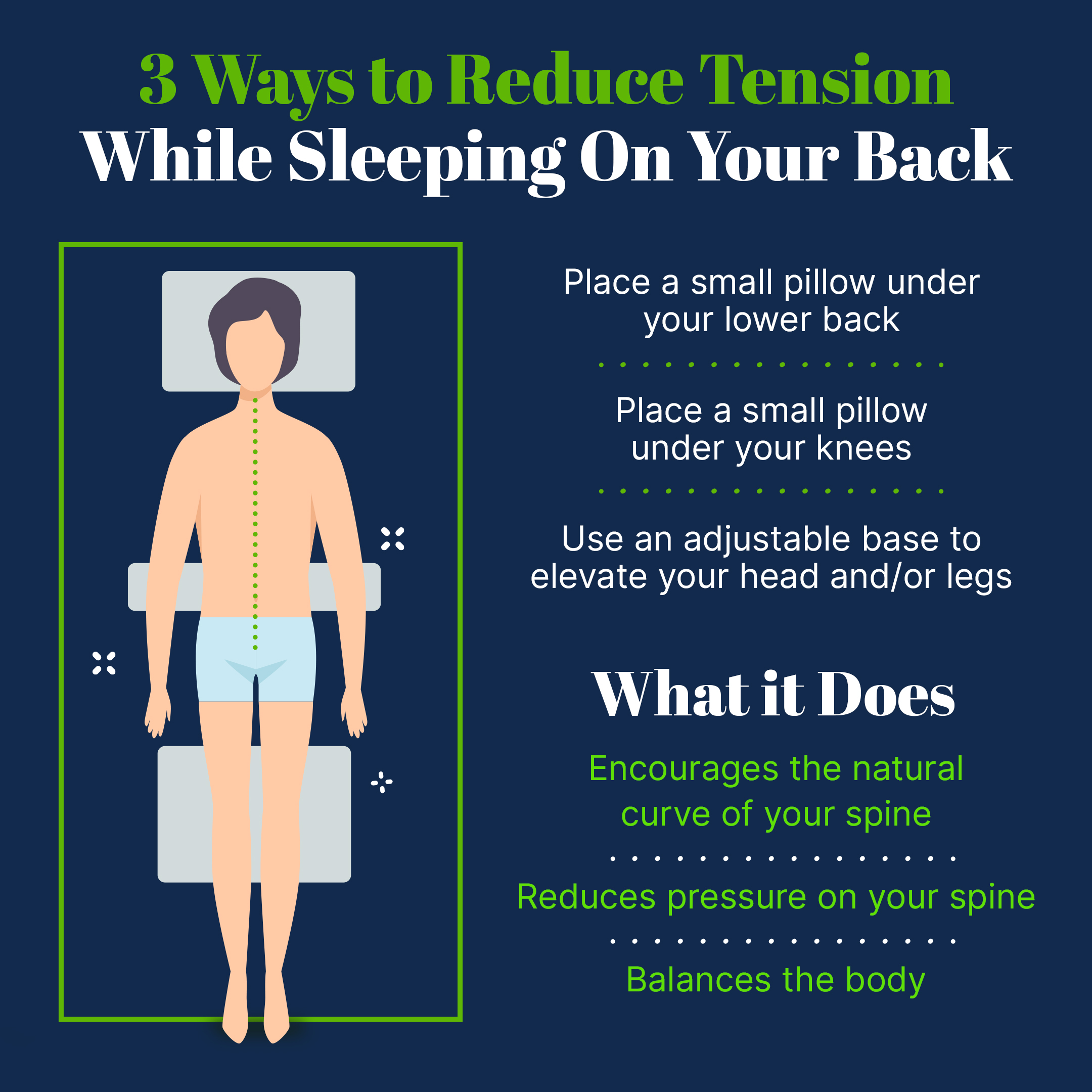 Reduce tension while sleeping on your back with pillows and/or an adjustable base